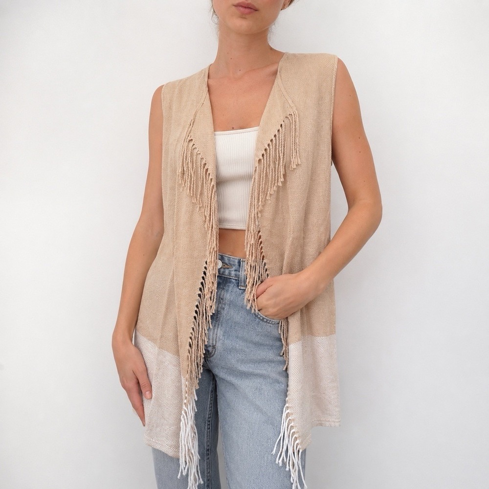 Vineyard Vines Open Front Fringe Vest Sweater S Beige Western Boho Festival Wool
